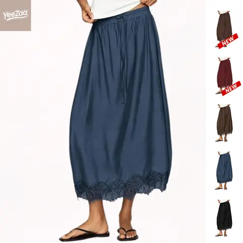 YeeZaa Lace Hem Midi Skirt For Women High Waisted Drawstring Flowy A-Line Skirts, Casual Lightweight 2026 Fall Fashion Back to School First Day Outfit College Outfit Transitional Fall Look Office Outfit Beach Boho Skirt Chill Vintage Style
