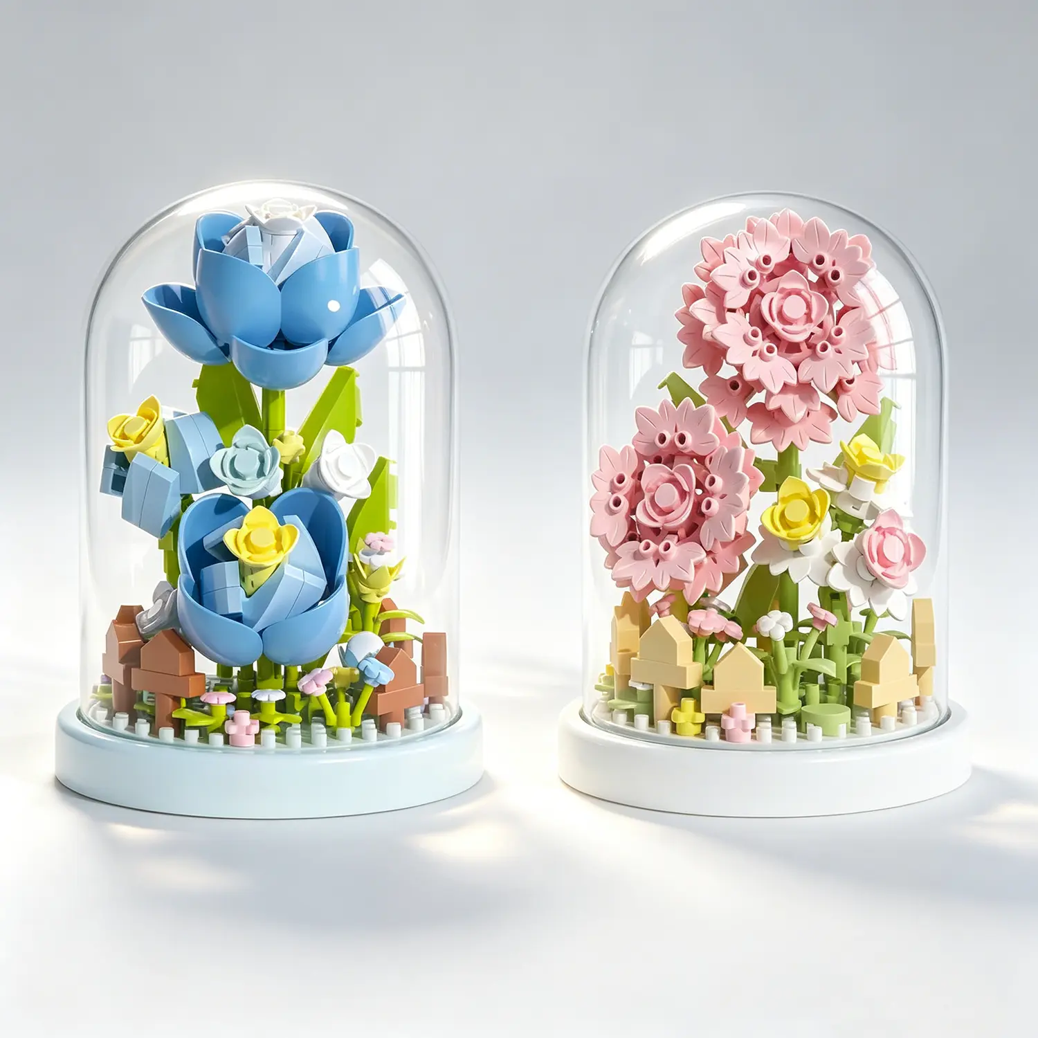 Miniature Carnation Flower Bouquet Micro Size Building Blocks 2-Pack, BPA-Free Botanical Toy Figures with Plastic Dust Cover Dome, 2.85x2.85in Base, 4.13in Tall Desk Decor for Decorating, Unisex Creative Gift for 12+ Years Above