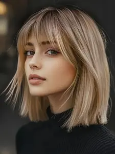 Fashionable New Shoulder-Length Straight with Bangs and Dark Roots Women's Machine Made Wigs Stylist Friendly Wig for Ordinary Work, Life, Dance Parties and All Seasons