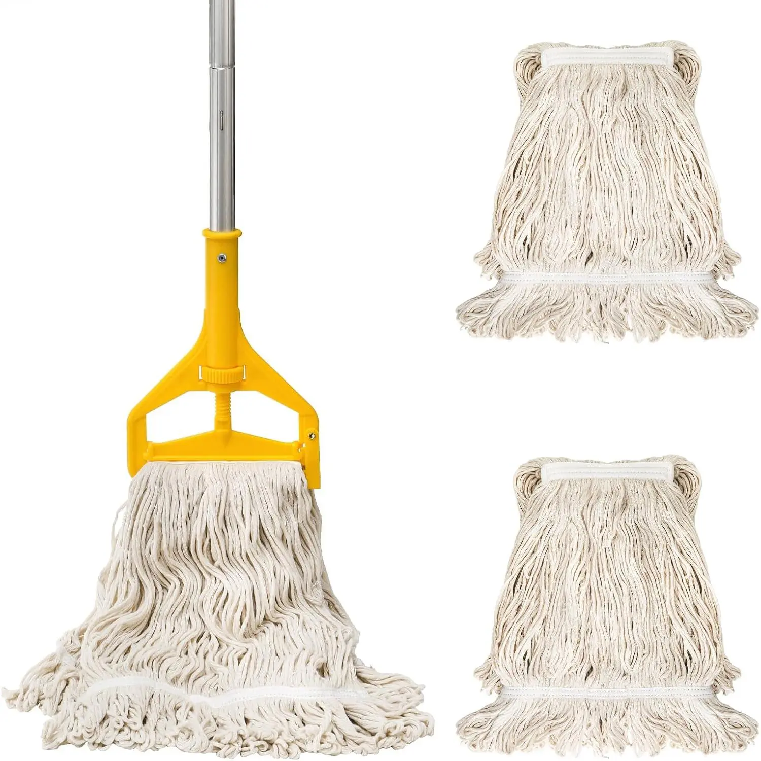Mop with 2 Cotton Heads, Heavy Duty 61in Long Handle Looped-End String Wet Mops for Cleaning Office, Garage, Hardwood, Warehouse, Factory, Mall, Deck