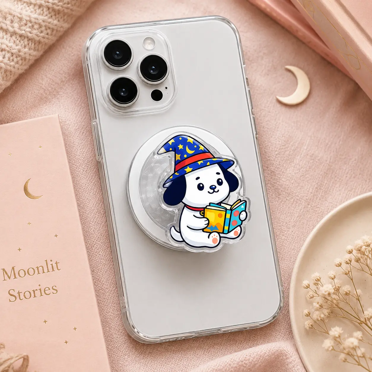 Cute Wizard Puppy Reading Phone Grip – Magical Dog Magnetic Phone Holder, Fantasy Book Lover Expandable Stand
