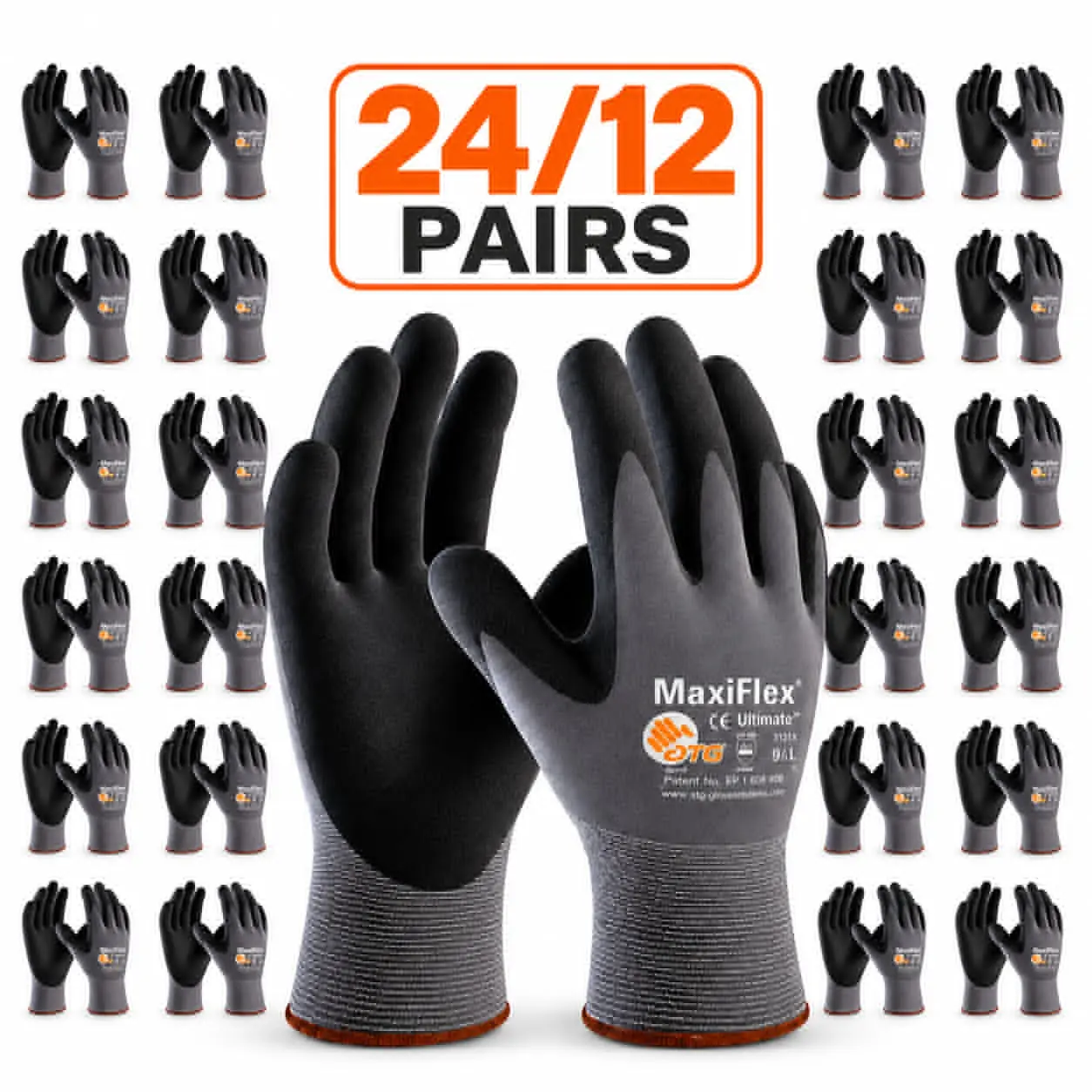 24/12 Pairs MaxiFlex Ultimate Multifunctional Safety Gloves - Bulk Pack, Nitrile Nylon Foam Palm Coated, Anti-Slip, Breathable Nylon, Outdoor Work Gloves for Construction Workers