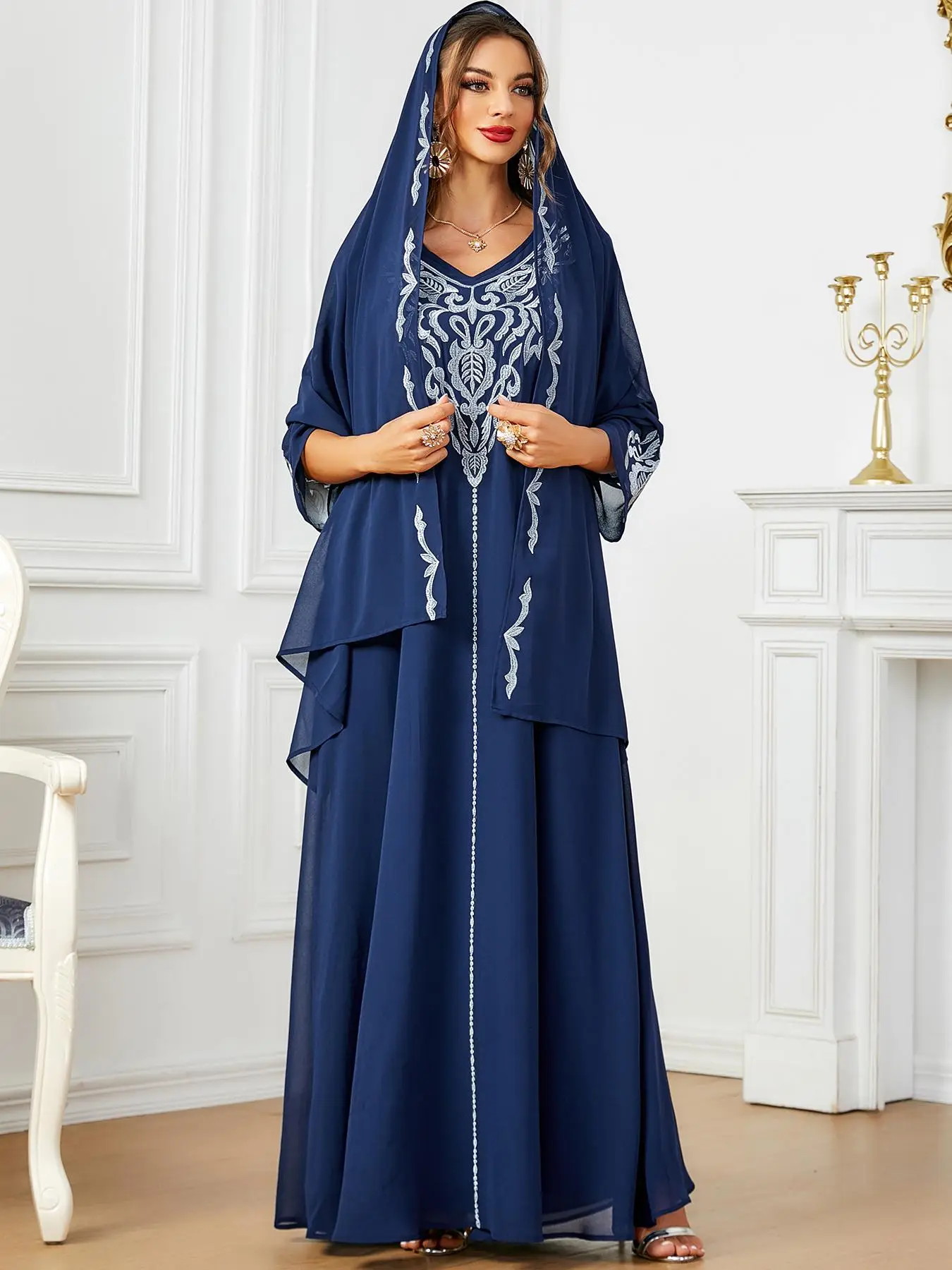 Women's Ethnic Pattern Embroidered V Neck Arabian Dress & Hijab Set, Elegant Long Muslim Dress & Hijab, Women's Islamic Clothing for Spring & Fall