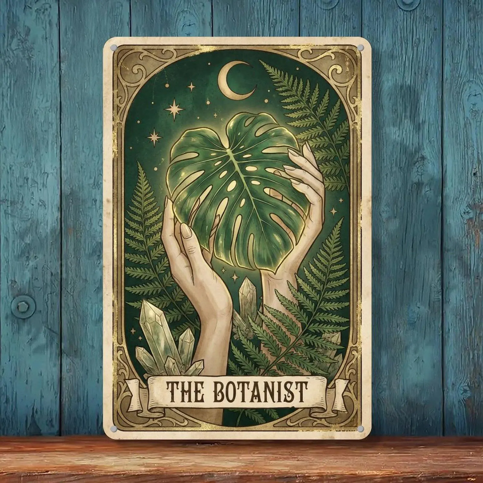 The Botanist Monstera Leaf Crystal Moon Tarot Vintage Tin Sign 8x12in Witchy Botanical Wall Decor Metal Tin Sign