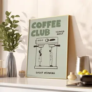 [Sale Off Up To 50%] [Unframe] Coffee Club Hand Drawn Retro Kitchen Poster, Fun Kitchen Illustration, Trendy Kitchen Decor, Coffee Lover Wall Art, Aesthetic Cafe Poster