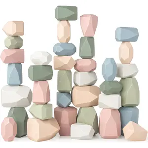 Stacking Rocks 36 Pieces, 36 Months+, Educational Toddler Stacking Blocks, Promotes Imagination, Balance & Fine Motor Skills - Wooden Rocks Sensory Toys Gift for Kid, Neutral Pack