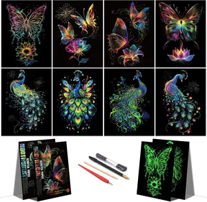 Scratch Art for Adults&-Glow in The Dark Scratch Painting Craft Kit (8 Sheets A4)|DIY Foil Engraving Art Set|   for Craft Lovers|Creative Scratch Art  Decor(Butterfly&Peacock)