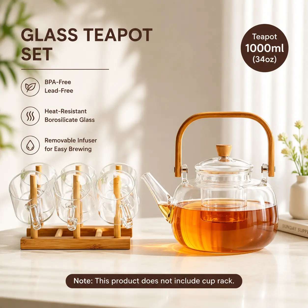 1000ML Glass Flower Teapot High Borosilicate Heat-Resistant Large Capacity with Filter Bamboo Handle Square Lift Handle for Household Boiling Water Tea Pot kitchen appliance Glass Teapot scented teapot Flower and fruit teapot Transparent glass teapot
