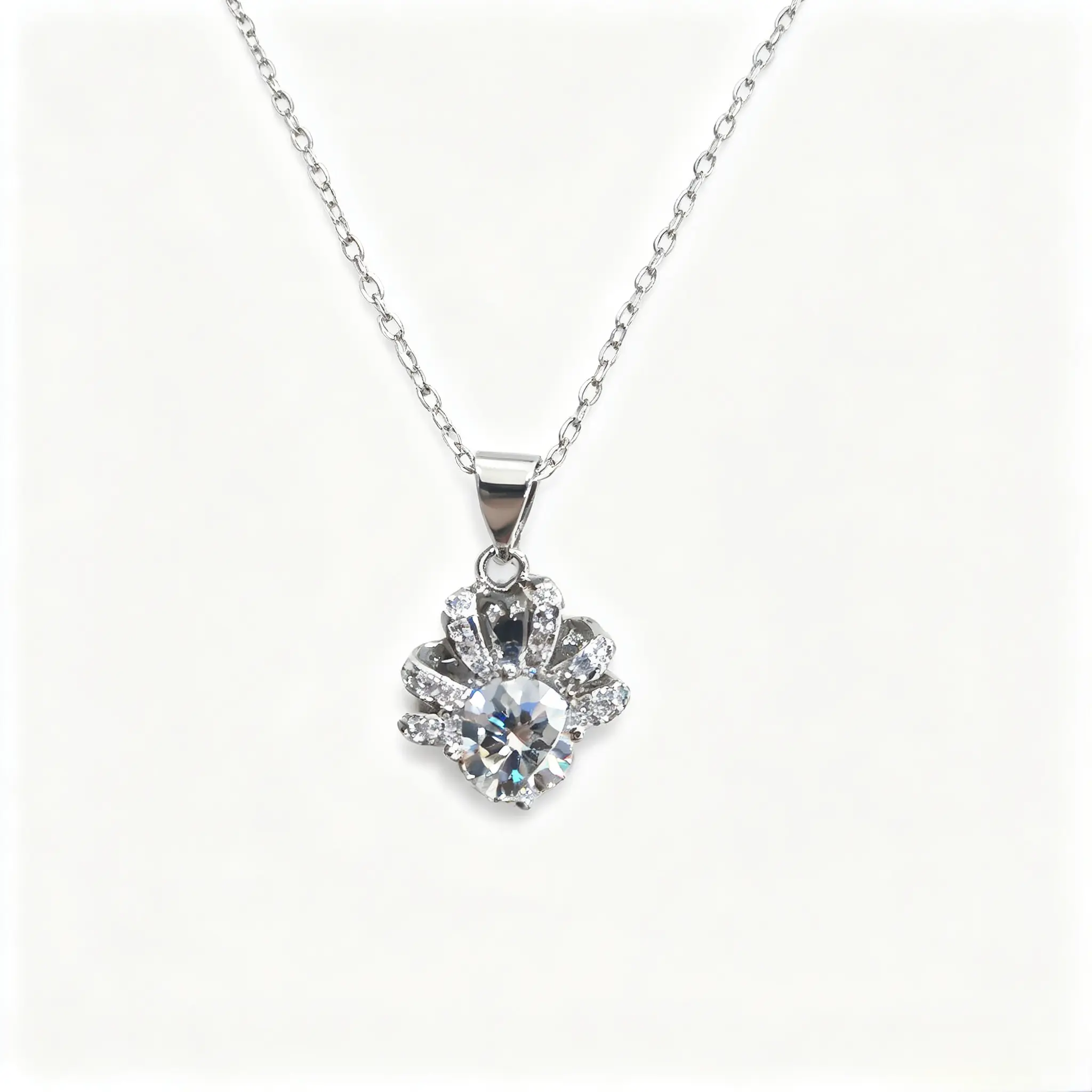 1CT Brilliant Moissanite Crown Halo Pendant Necklace | 17 Inch Chain