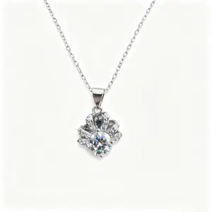 1CT Brilliant Moissanite Crown Halo Pendant Necklace | 17 Inch Chain
