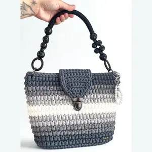 Handmade Crochet  Bag with Leather Bottom | Recycled Yarn Knit Purse with Lining | Gift for Women | Trendy Knitted Handbag