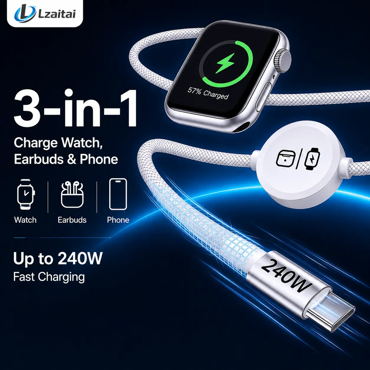3-in-1 240W Travel Charger with Built-In Magnetic Watch Charger USB-C to USB-C Cable, 5FT Braided Cord, Compatible with Apple Watch Series/SE/Ultra, AirPods 3rd/4th Gen, Pro/Pro 2, iPhone, iPad, MacBook and Samsung