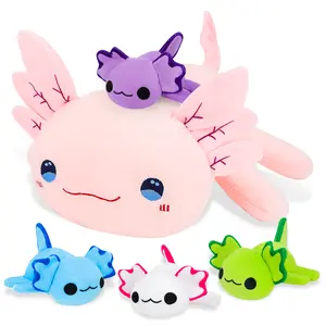 deAO Axolotl Stuffed Animal Mommy 15.7" with 4 Small Axolotl Plushies in Tummy, 5 Piece of Cute Axolotl Plush Pillow Toys for Kids Girls Boys (Pink Axolotl Family)