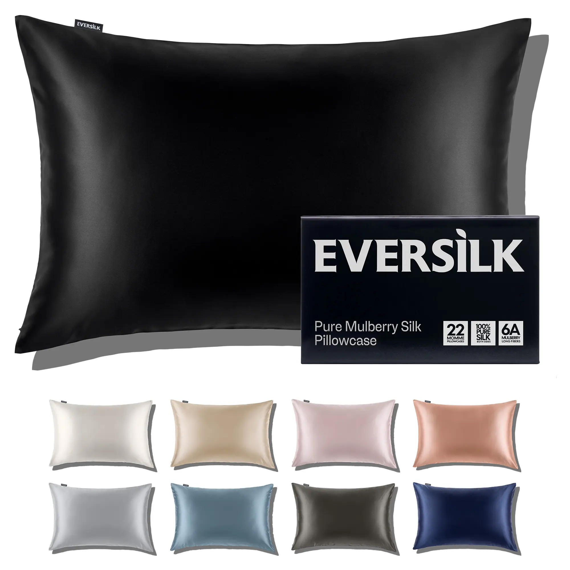 Mulberry Silk Pillowcase for Hair and Skin: 22 Momme 100% Pure Natural Silk Pillow Case with Hidden Zipper - 6A Grade Hypoallergenic Cool Pillow Cover for Sleep - 1 Pack Black Standard in Gift Box