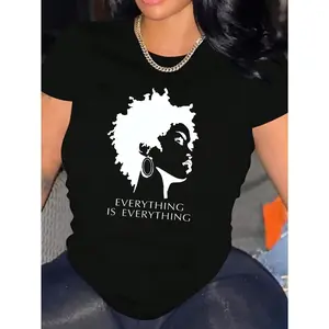 Women's Black Crew Neck Short Sleeve T-Shirt 100% Cotton Fashion Portrait Print Summer Casual Top