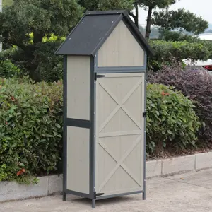 Vertical Wooden Outdoor Storage Cabinet with Sturdy Metal Frame, Large Capacity Weather Resistant Garden Tool Storage Shed for Backyard Patio Lawn, Ideal Outdoor Organizer Solution