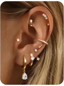 Hypoallergenic Stud Hoop Earrings, 9-Pair Stainless Steel Set for Sensitive Ears, Silver &, All-Season Jewelry, High Quality Earrings