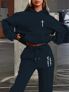 Women's Hooded Sweatshirt Set, Long Sleeve Drawstring Pullover, Casual Fitted Print Top & Pants, Fall Winter Comfortable Wear, Tracksuits