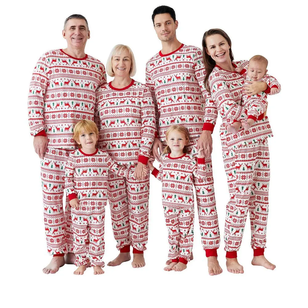 PATPAT Christmas Family Matching Pajamas Sets Long-sleeve Allover Reindeer and Snowflake stripes Print Red For Family