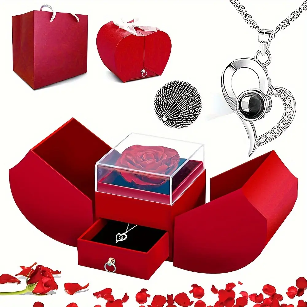 100 Languages Heart Shaped Preserved Rose I Love You Necklace for Mom, Wife, Girlfriend on Mothers Day, Valentines Day