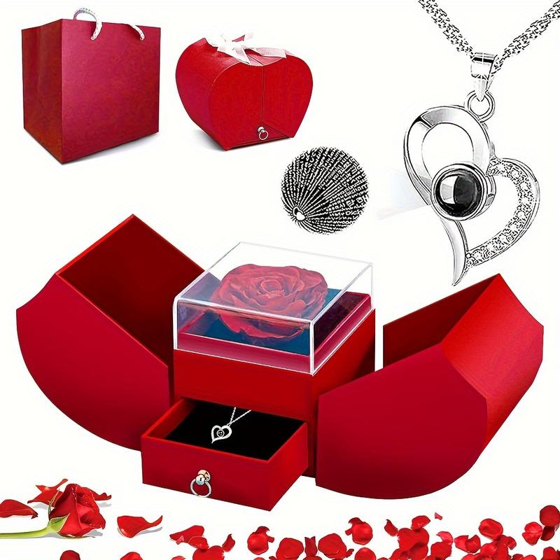 100 Languages Heart Shaped Preserved Rose I Love You Necklace for Mom, Wife, Girlfriend on Mothers Day, Valentines Day