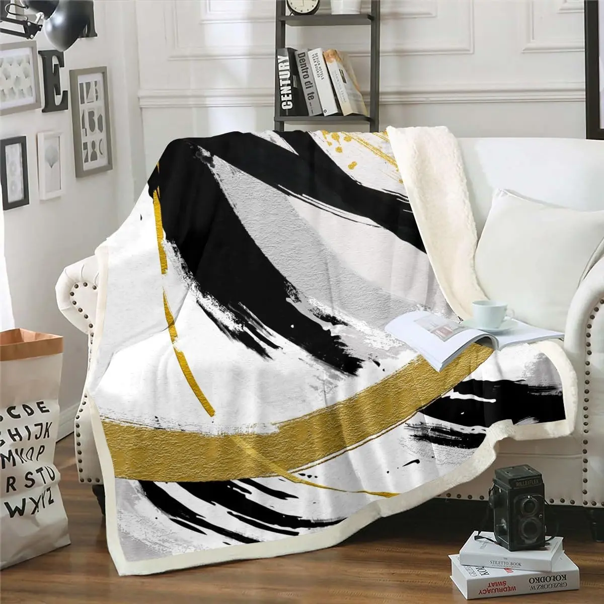 Feelyou Queen 90"x90" Black, Grey, Gold Gradient Abstract Brush Strokes Fleece Sherpa Throw Blanket - Super Warm Artistic Blanket for Couch, Bed, Chair, Camping