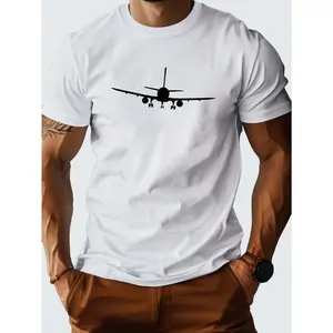 Men's Crew Neck T-Shirt White Airplane Silhouette Graphic Casual Wear