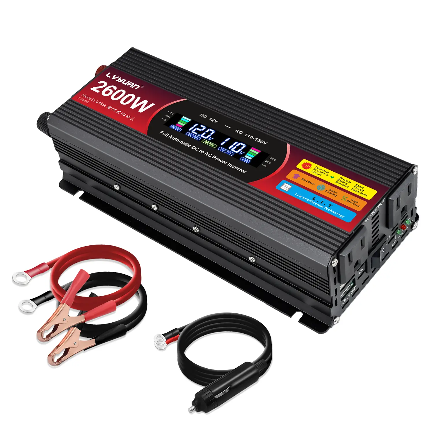 LCD Display Power Inverter 1000W Rated 2600W Peak | 12V to 110V | 2 US Outlets + 2 USB