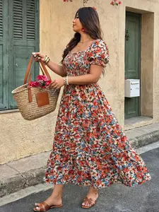 Plus Size Women's Square Neck Bubble Sleeves Floral Long Dress, Waist Cinched, Layered Hem, Blue Color Block, Boho Style