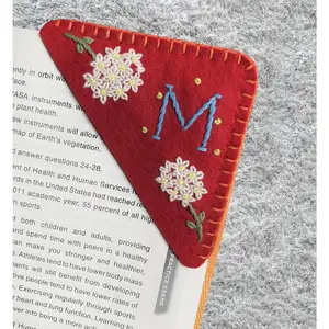 Personalized Hand Embroidered Corner Bookmark Cute Flower Book Mark Hand Stitch Gift for Women Book Lovers (M, RED)
