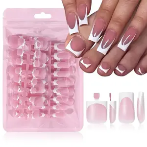 Women's 60pcs Square Medium Full Cover French Tip Press on Nails, Acrylics Nail Manicure Kit, Beauty & Personal Care, Nails Press on