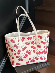 Niche cherry fruit pattern printed tote bag, Lightweight tote bag, one-shoulder underarm bag, casual handbag, Casual commuter bag, Casual trendy purses, versatile for daily commuting, multiple colors available, suitable for college students