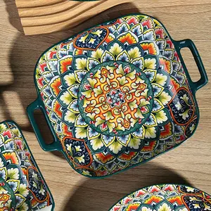 Floral Pattern Ceramic Bowl, 4 Counts/set Exquisite Boho Style Square Bowl, Creative Tableware, Ceramic Dish for Home Kitchen Dining Room