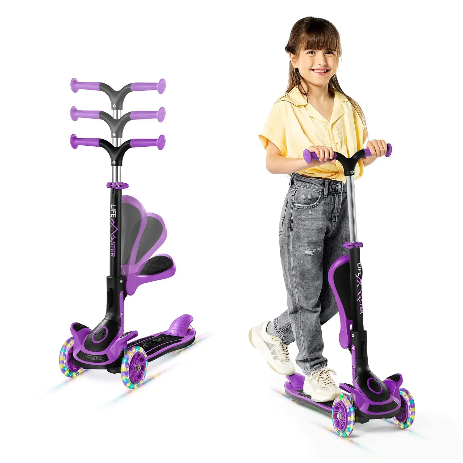 3 Wheel Kids Scooter with Foldable Seat Lean to Steer Ride On Toy Adjustable Handlebar LED Wheels Ages 2-8