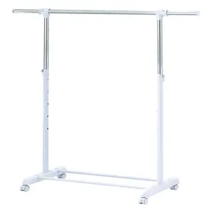 Mainstays Adjustable Chrome & White Metal Rolling Garment Laundry Clothes Rack