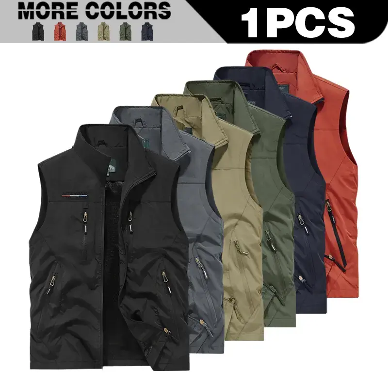 Men’s plain sleeveless zip-up workwear vest with stand collar（slim fit, short cut, engineered for hunting activities）, tailored short length for hunting, outdoor outerwear, beige