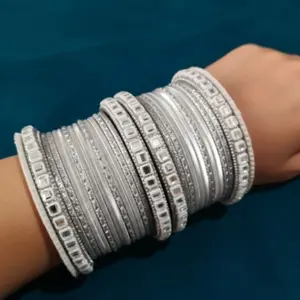 Elegant Silver Bangles Set 26 Piece Indian Wedding Jewelry with Intricate Designs and Sparkling Rhinestones for Weddings & Festive Occasions