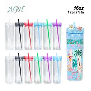 AGH US 12pcs/ctn 16OZ Double wall plastic skinny straight glitter tumbler lava drip cups for shimmer custom DIY, mixed color