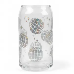 Disco Mirror Ball Glass Cup with Lid and Straw 16 oz Can Glass Drinkware Mug Tumblers Handmade High-Quality Permanent Vinyl Decal - Bottles