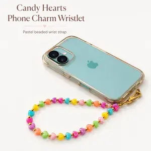 Candy Hearts Beaded Phone Charm Wristlet - Pastel Beaded Phone Strap - Y2K Cute Phone Lanyard Wrist Strap - Kawaii Coquette Gift for Her