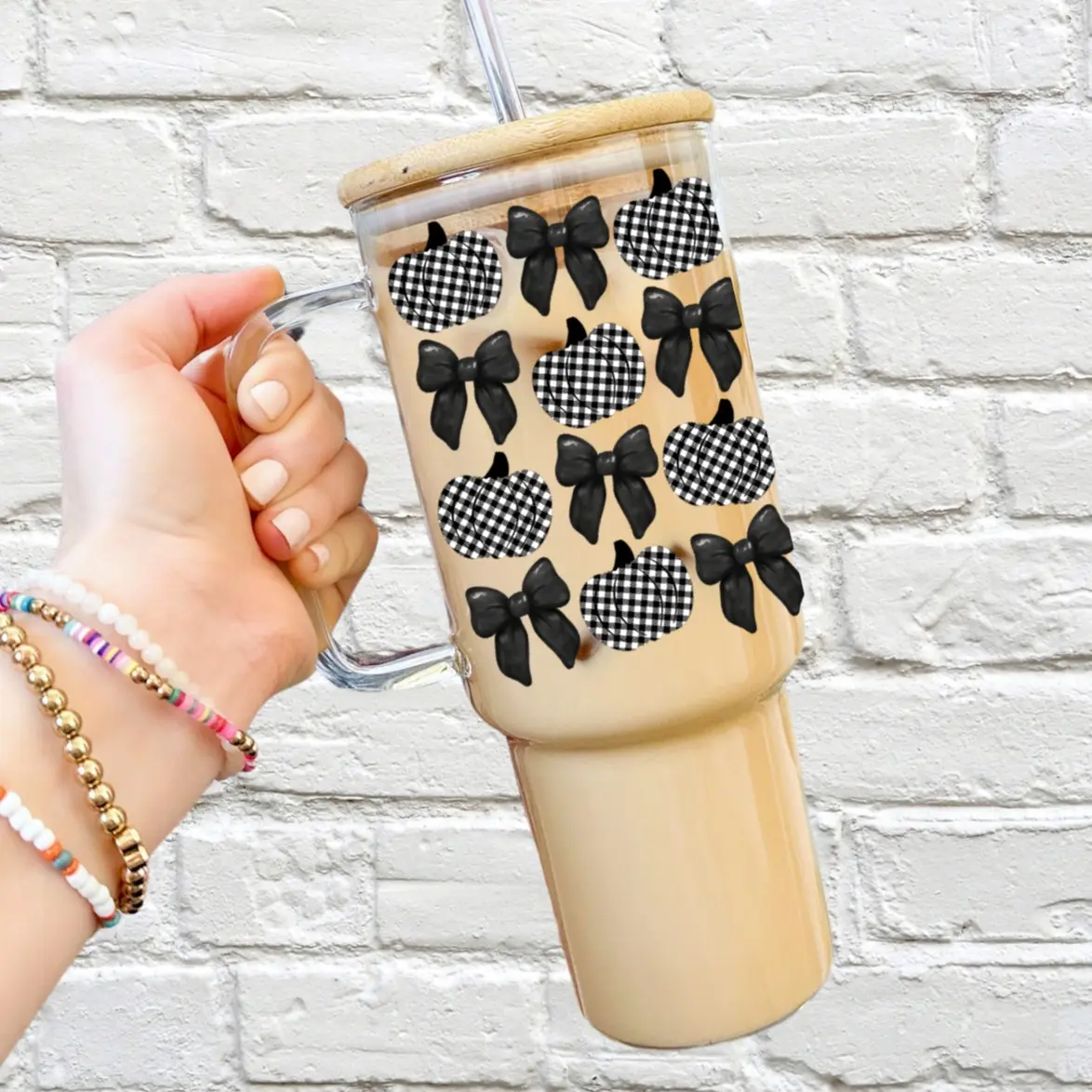 Black Coquette Bows and Pumpkins Glass Cup with Lid and Straw - Fall Aesthetic Drinkware with Bamboo Lid Autumn Collection Ribbons with Checkered Pumpkins
