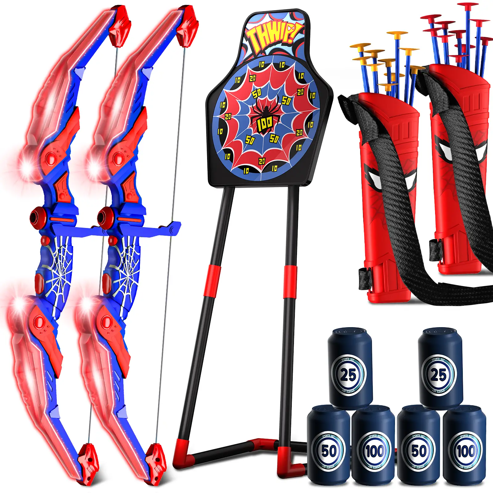 Spider-themed bow & arrow set with LED lights, spider quiver, target, 8 suction cup arrows. Toy gift for boys ages 3+ (ideal 8-12).
