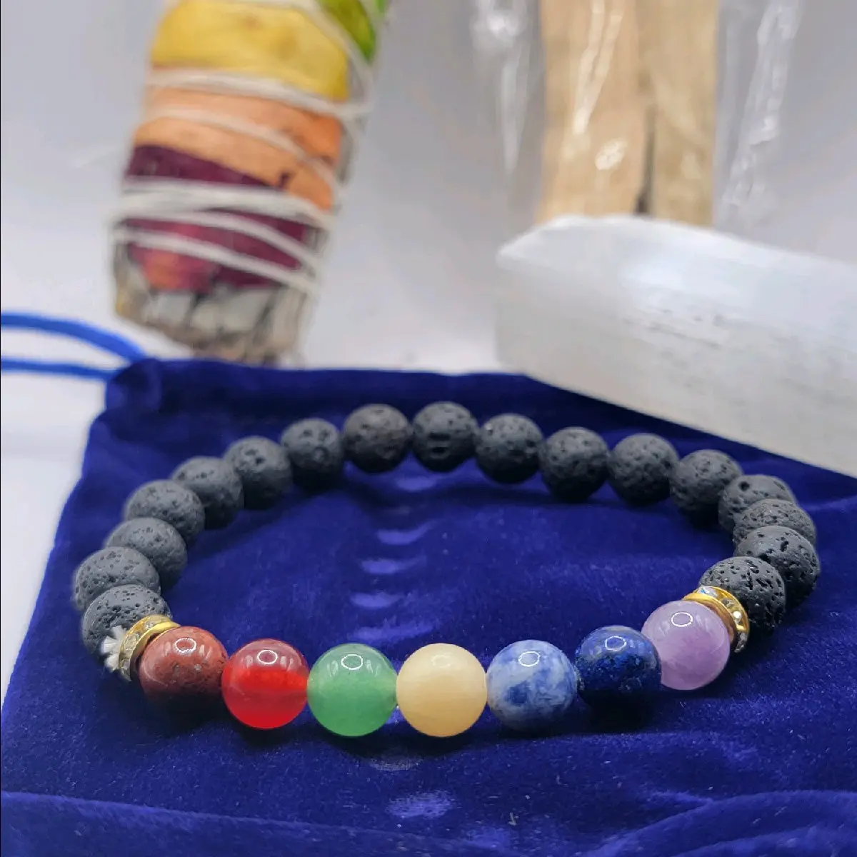 Chakra Balancing Kit with Sage Smudge, Palo Santo Sticks, Selenite Wand, and Lava Bracelet