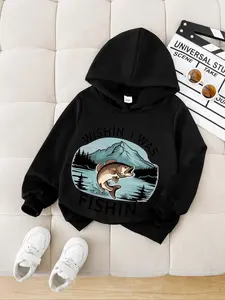 Boys' Fashion Casual Graphic Hoodie with Fishing Print, Long Sleeve Pullover Sweatshirt for Fall & Winter, Kids Outdoor Hooded Top