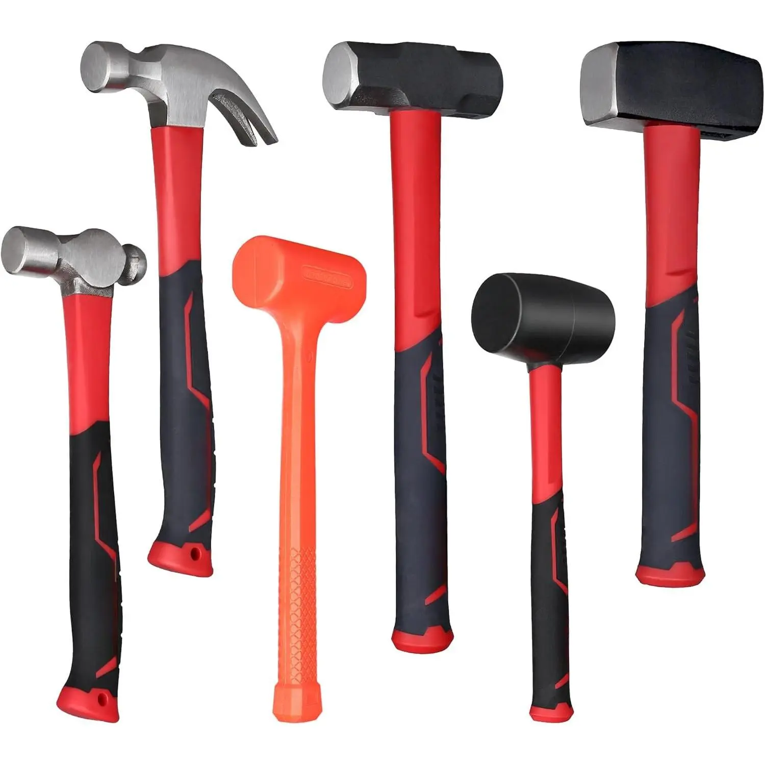 6- Rubber Mallet Hammer Set with 2lb  Blow - 3lb Sledge & Stoning - 16oz Ball Peen Claw Hammers | Anti-Vibration Fiberglass Handles for Construction Metalworking Automotive & DIY Projects