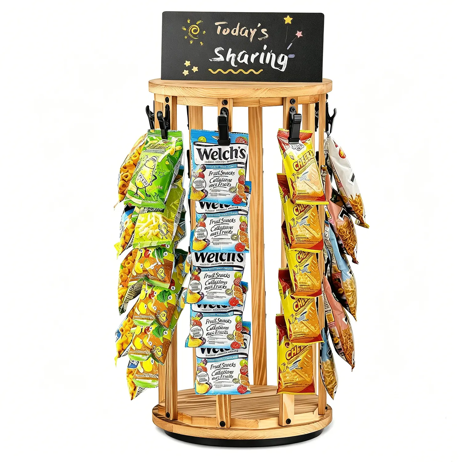 MOVATEK 360 Degree Rotating Wooden Snack Stand, 5 Tier Countertop Candy Display Rack with 40 Snack Clips, Sturdy Base & Erasable Message Board, Snack Organizer for Concession Stand Retail Counter Party Decor