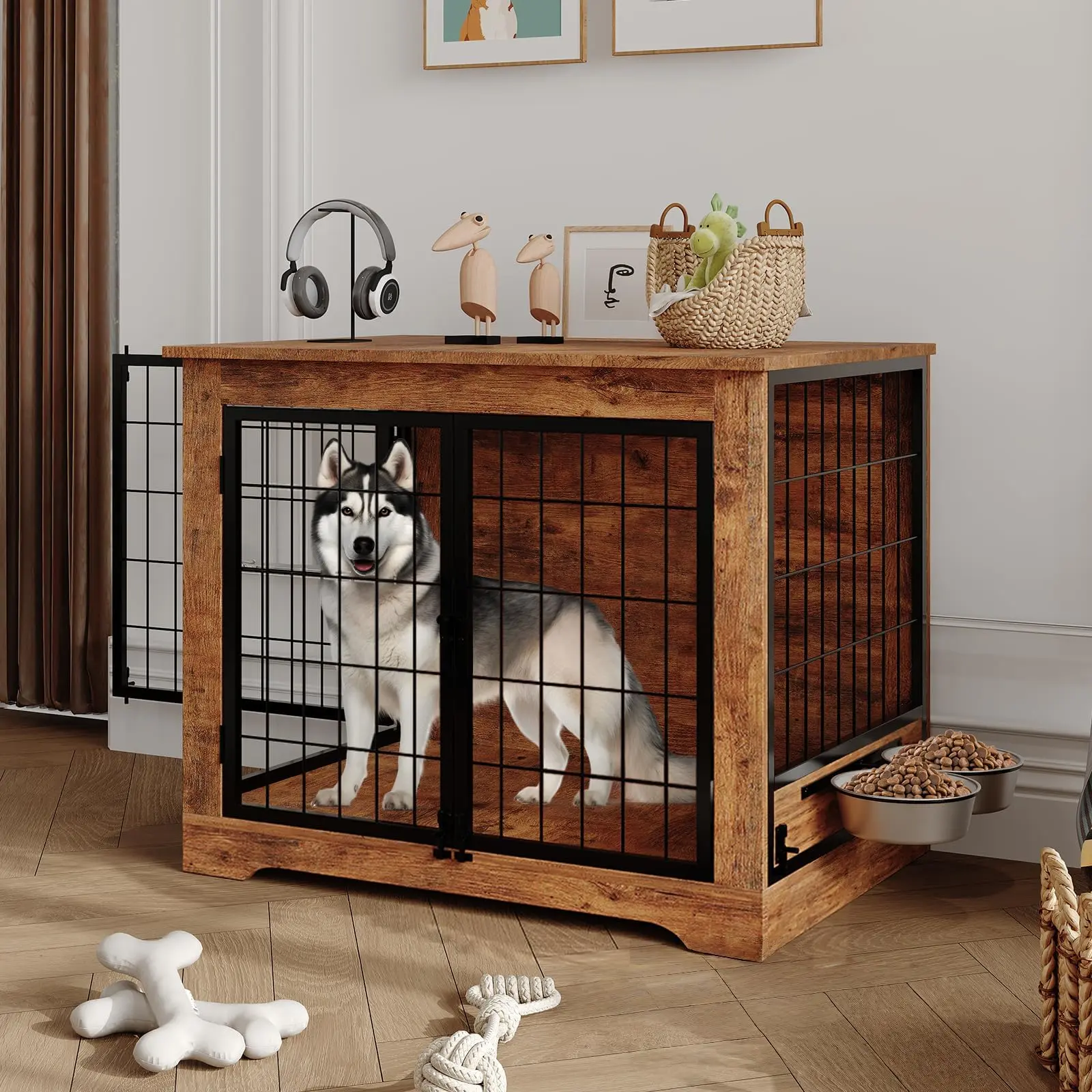 Garvee Dog Crate Furniture for Large Dogs,38" Indoor Wooden Dog Kennel with 2 Door &2  360° Rotating Feeder,Decorative Heavy Duty Dog House with Double Locks & Bowls for Small/Medium Dogs