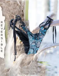 Anaconda - Women's Bikini Bottom | Reversible, Scrunch Seam, Chinzed Fabric, 24K Gold Details – Black & Aquarius