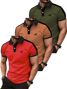 Men’s fashion casual polo shirts with dropped shoulders, short sleeves, 3-pack; slightly stretchy, comfortable knit fabric; regular fit; eagle graphic print; classic retro sports tops for summer men’s wear, suitable for outdoor leisure, workouts, vacation