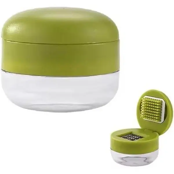 Mini Garlic Chopper and Press with Container, Emptycolor Manual Garlic Mincer Crusher Cutter Grinder, Stainless Steel Blades, Handheld Garlic Slicer Dicer Zoom Tool – Green